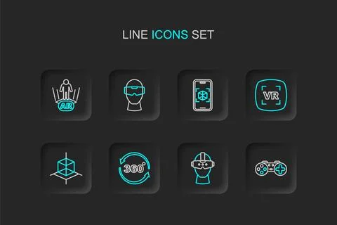 Set line Gamepad, Virtual reality glasses, 360 degree view, 3d modeling,  a.. Stock Illustration