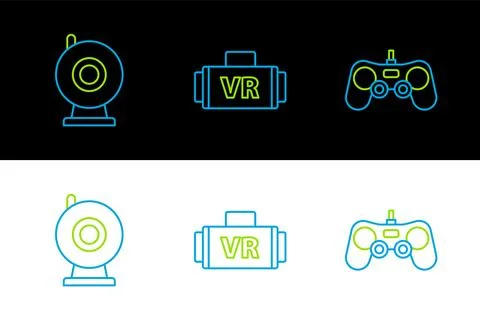 Set line Gamepad, Web camera and Virtual reality glasses icon. Vector 스톡 일러스트