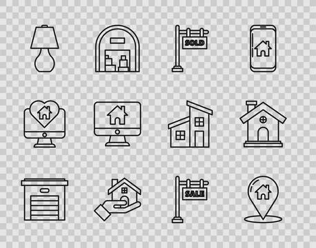 Set line Garage, Map pointer with house, Hanging sign text Sold, Realtor, T.. Stock Illustration