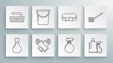 Set line Garbage bag, Bucket, Rubber gloves, Plastic bottles for liquid Stock Illustration