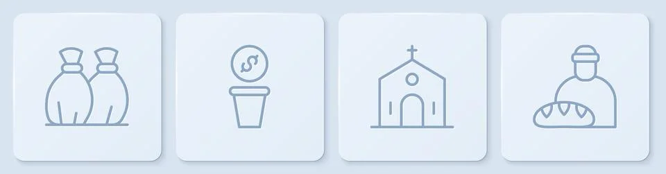 Set line Garbage bag, Church building, Donation money and Feeding the homeless Ilustración de archivo