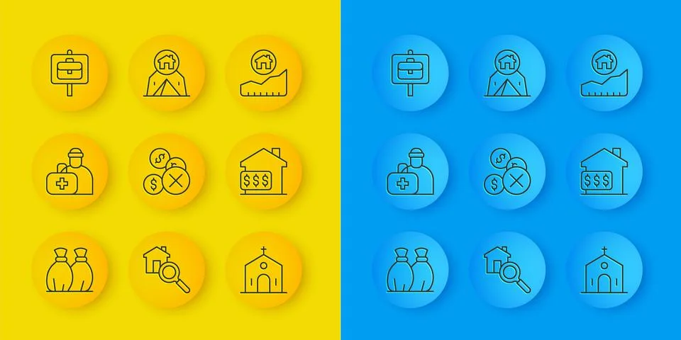 Set line Garbage bag, First aid kit, No money, Church building, House with do Ilustración de archivo