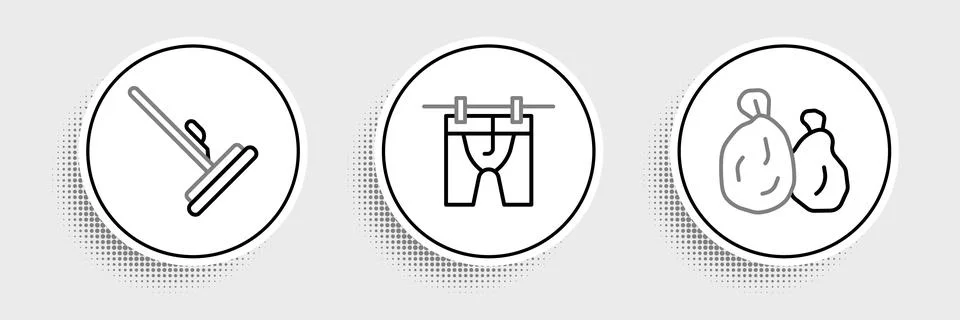 Set line Garbage bag, Mop and Drying clothes icon. Vector Stock Illustration