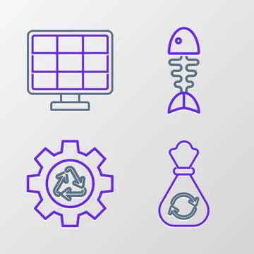 Set line Garbage bag with recycle, Recycle symbol and gear, Fish skeleton and Stock Illustration