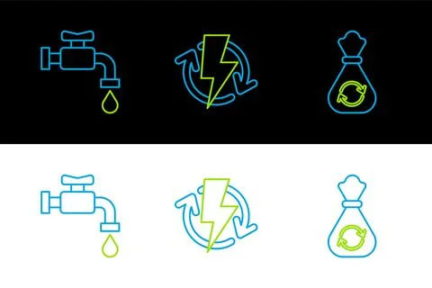Set line Garbage bag with recycle, Water tap and Recharging icon. Vector Stock Illustration