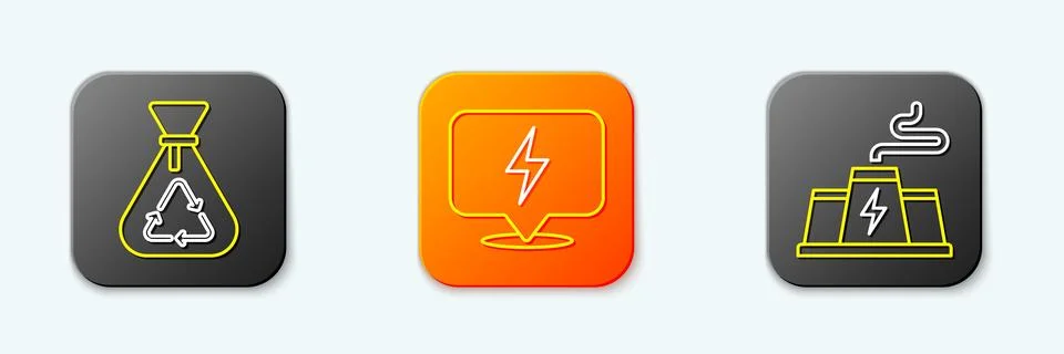 Set line Garbage bag with recycle, Lightning bolt and Power station plant f.. Stock Illustration