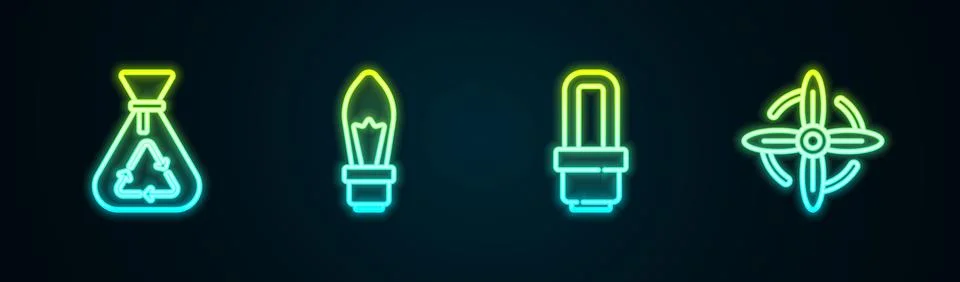 Set line Garbage bag with recycle, Light bulb, LED light and Wind turbine. .. Illustrazione stock