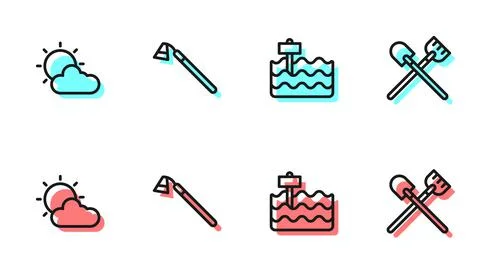Set line Garden bed, Sun and cloud weather, hoe and Shovel icon. Vector Stock Illustration