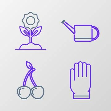 Set line Garden gloves, Cherry, Watering can and Flower icon. Vector Illustrazione stock