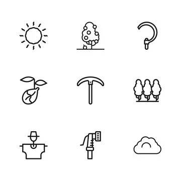 Set line Garden hose, Fruit trees, Cloudy weather, Pickaxe, Sickle, Sun,  a.. Stock Illustration