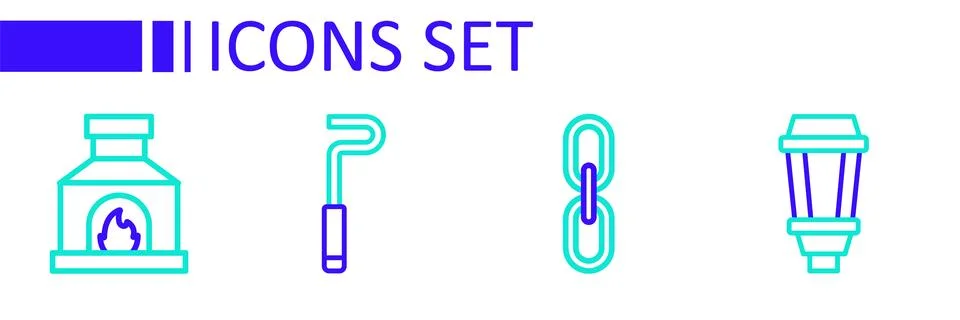 Set line Garden light lamp, Chain link, Fire poker and Blacksmith oven icon.. Stock Illustration