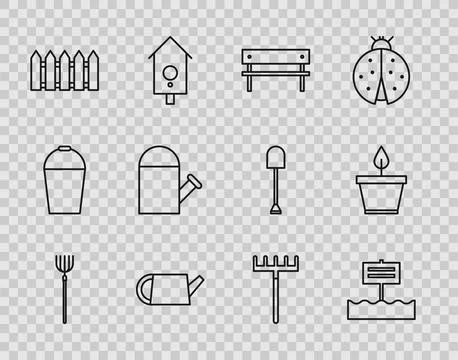 Set line Garden pitchfork, Blank wooden sign board, Bench, Watering can, fe.. Stock Illustration