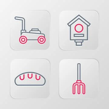 Set line Garden pitchfork, Bread loaf, Bird house and Lawn mower icon. Vector Stock Illustration