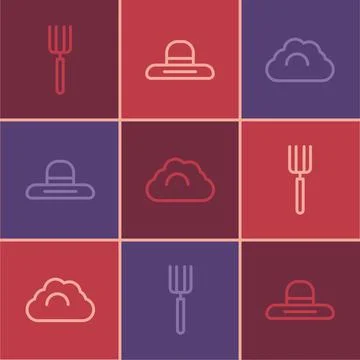 Set line Garden pitchfork, Cloudy weather and Farmer worker hat icon. Vector Stock Illustration