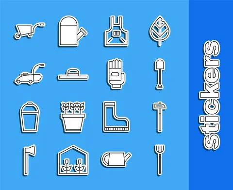 Set line Garden pitchfork, Hammer, Shovel, Kitchen apron, Worker hat, Lawn mower Stock Illustration