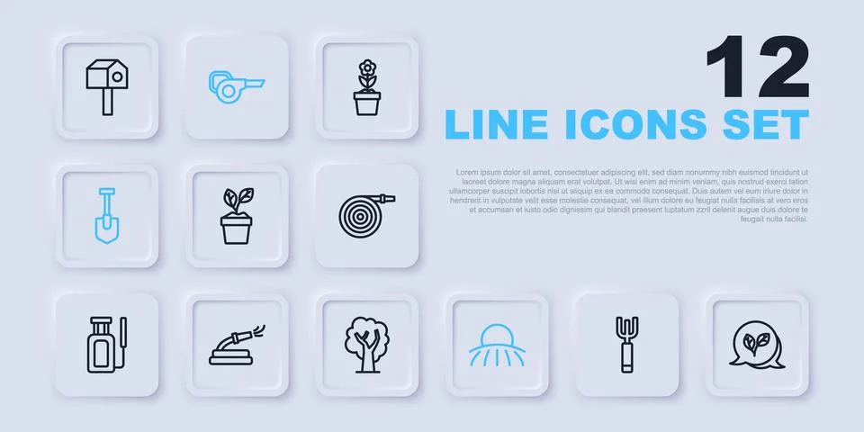 Set line Garden pitchfork, Leaf, Plant in pot, Sunrise, Shovel, hose, garde.. Stock Illustration