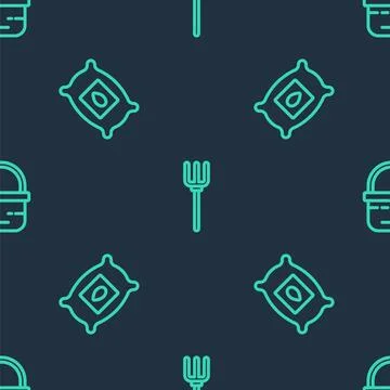 Set line Garden pitchfork, Pack full of seeds of plant and Basket on seamle.. Illustrazione stock