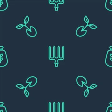 Set line Garden pitchfork, Sprout and Bag of flour on seamless pattern. Vector Stock Illustration