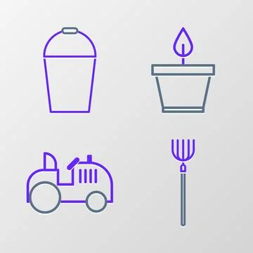Set line Garden pitchfork, Tractor, Plant in pot and Bucket icon. Vector Illustration