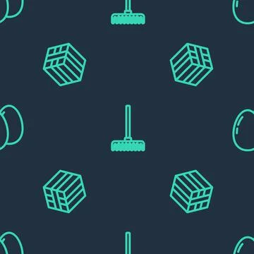 Set line Garden rake, Bale of hay and Chicken egg on seamless pattern. Vector Stockillustratie