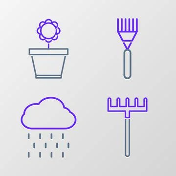 Set line Garden rake, Cloud with rain,  and Flower pot icon. Vector Illustration