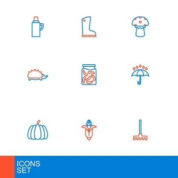 Set line Garden rake, Corn, Pumpkin, Umbrella and rain drops, Hedgehog, Pic.. Stock Illustration