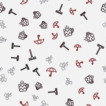 Set line Garden rake, Cup of tea, Mushroom and Umbrella on seamless pattern Stockillustratie