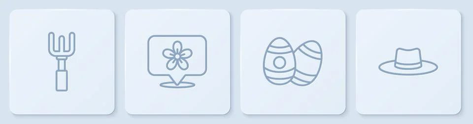 Set line Garden rake, Easter egg, Location with flower and Gardener worker hat Stock Illustration