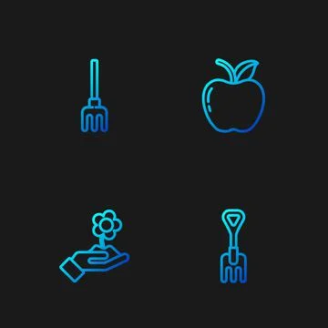 Set line Garden rake, Hand holding flower, and Apple. Gradient color icons Illustration