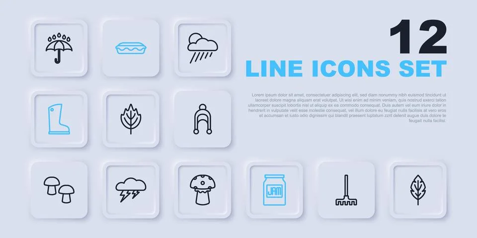 Set line Garden rake Leaf Jam jar Waterproof rubber boot Cloud and lightning  Stock Illustration