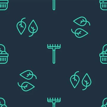 Set line Garden rake, Leaf and Basket and food on seamless pattern. Vector Illustrazione stock