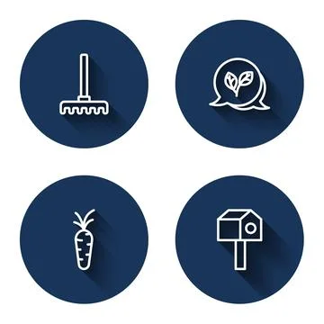 Set line Garden rake, Leaf, Carrot and Bird house with long shadow. Blue ci.. Stock Illustration