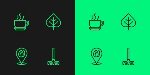 Set line Garden rake, Location with leaf, Coffee cup and Leaf icon. Vector Stock Illustration