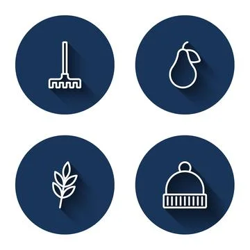 Set line Garden rake, Pear, Leaf and Winter hat with long shadow. Blue circle Stock Illustration