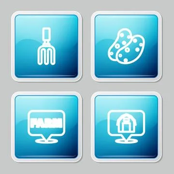 Set line Garden rake, Potato, Location farm and house icon. Vector Stock Illustration