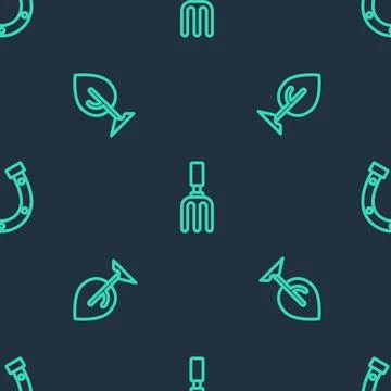 Set line Garden rake, Tree and Horseshoe on seamless pattern. Vector Illustrazione stock