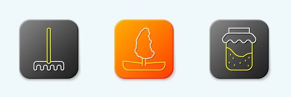 Set line Garden rake, Tree and Jam jar icon. Vector イラスト素材