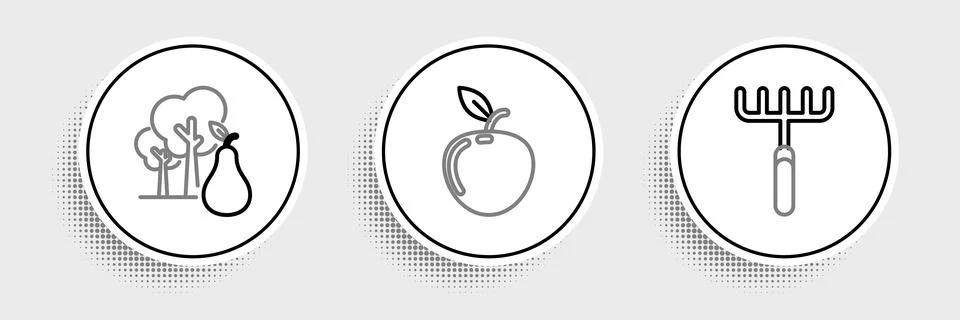 Set line Garden rake, Tree with pears and Apple icon. Vector Stock Illustration