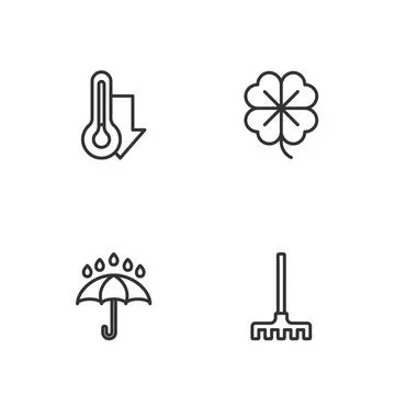 Set line Garden rake, Umbrella and rain drops, Thermometer and Four leaf clover Stockillustratie