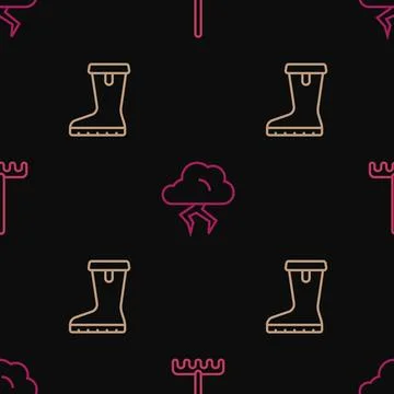 Set line Garden rake, Waterproof rubber boot and Storm on seamless pattern... Stock Illustration