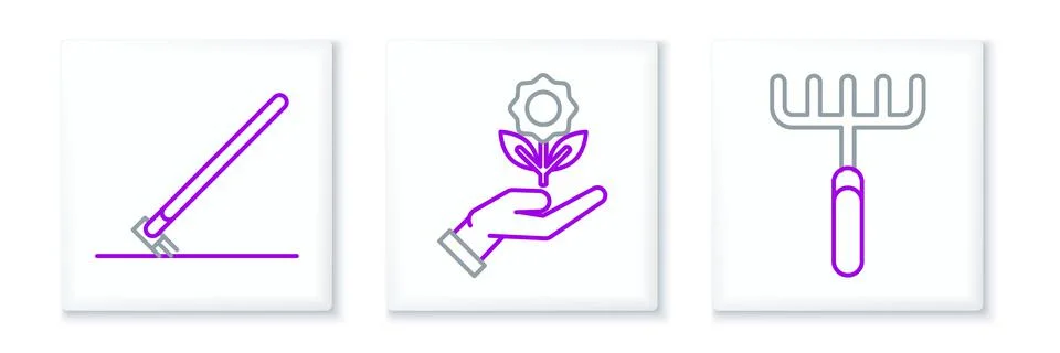 Set line Garden rake, in work and Hand holding flower icon. Vector Illustration