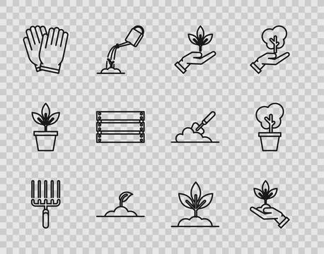 Set line Garden rake in work, Plant hand of environmental protection, Sprou.. Stock Illustration