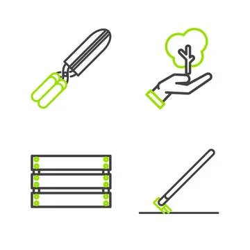 Set line Garden rake in work, Wooden box, Tree hand of environmental protec.. Stock Illustration