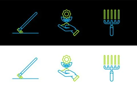 Set line Garden rake in work,  and Hand holding flower icon. Vector Illustration