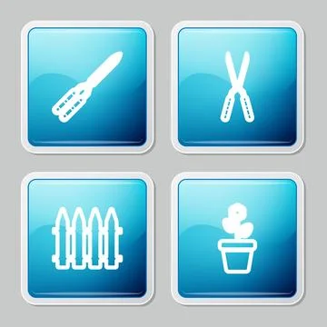 Set line Gardening handmade scissor, , fence and Flower pot icon. Vector Illustration