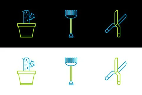 Set line Gardening handmade scissors, Cactus succulent pot and rake icon. V.. Stock Illustration