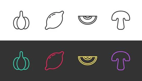 Set line Garlic, Lemon, Melon fruit and Mushroom on black and white. Vector Stock Illustration
