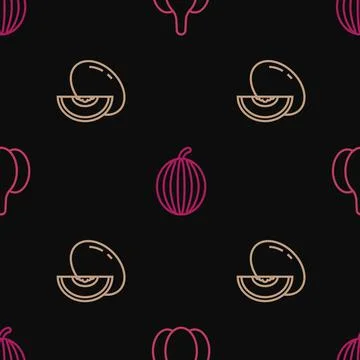 Set line Garlic, Melon fruit and Watermelon on seamless pattern. Vector 库存插图