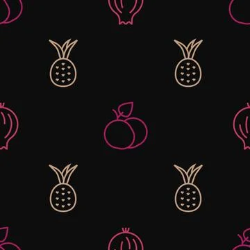 Set line Garlic, Pineapple and Mango fruit on seamless pattern. Vector Stock Illustration