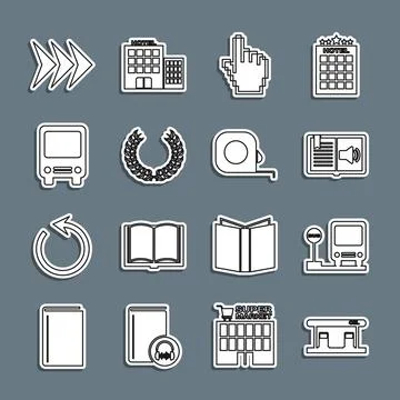 Set line Gas filling station, Bus stop, Audio book, Pixel hand cursor, Laurel Stock Illustration
